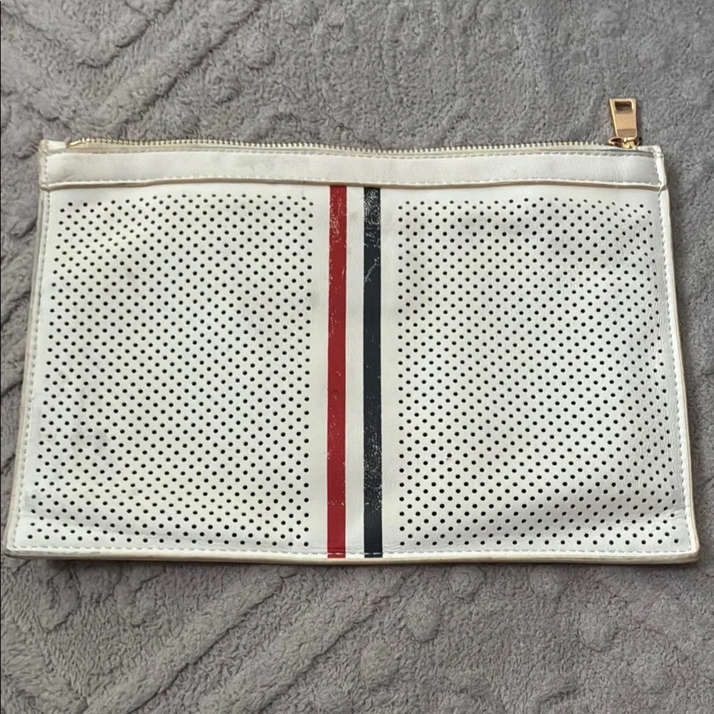 White Perforated Clutch with Red and Black Stripe